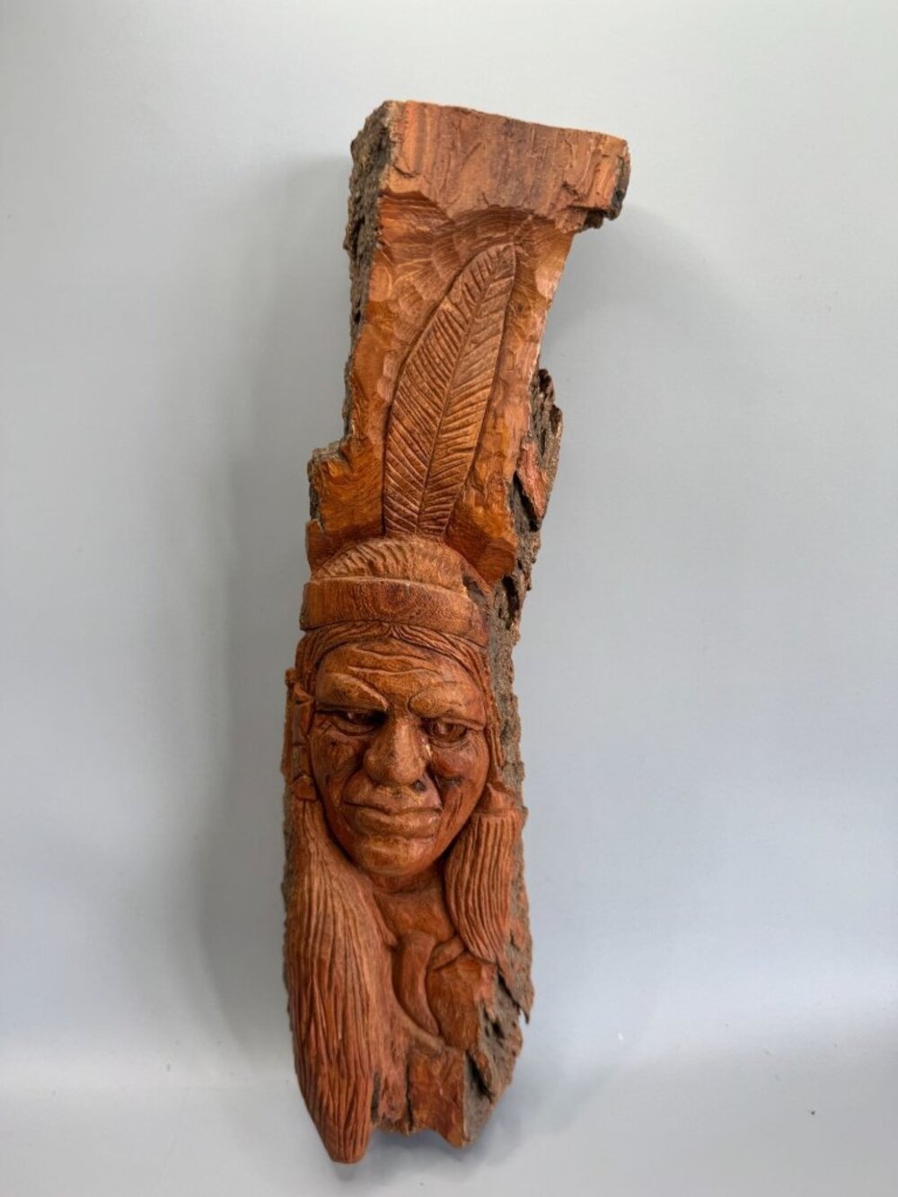 Hand Carved Wood Wall Plaque Figural Face Tribal Folk Art Bark Edge Signed 14" - Picture 2 of 8